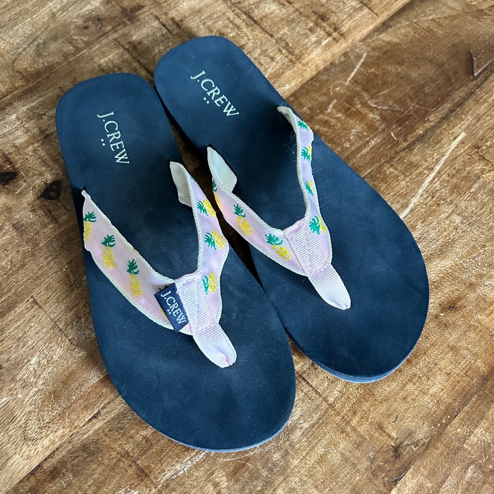 J. Crew Black Flip-Flop Sandals with Pink Pineapple Straps
